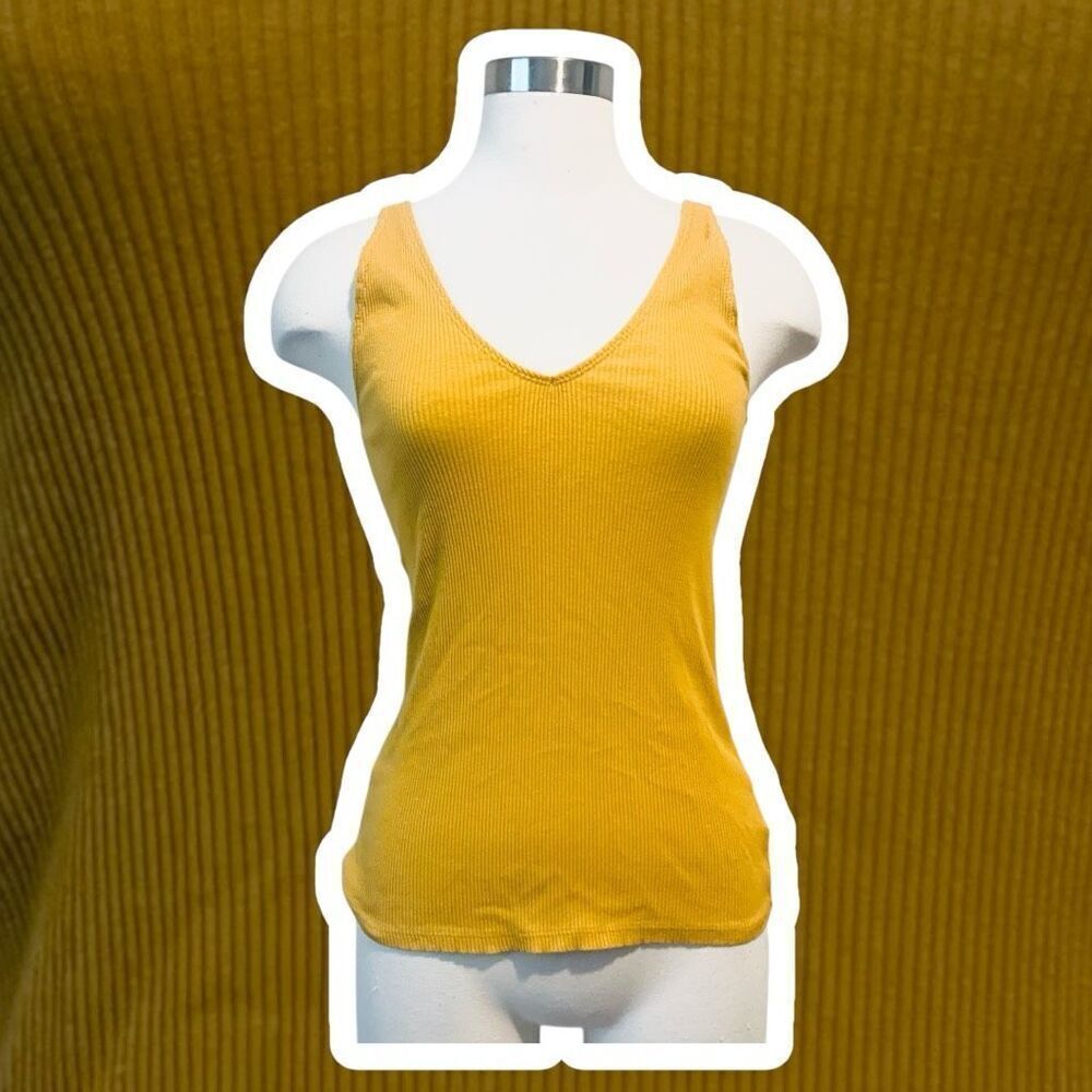 Express One Eleven Ribbed Knit V Neck Tank Top Yellow Mustard Small S